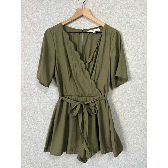 Row A Pants - Row A Faux Wrap Romper Womens Small Olive Green Waist Tie Scalloped Neckline